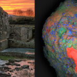 Una mappa elementare di vasta area (Calcio: rosso, Silicio: blu, Alluminio: verde) di un frammento di 2 cm di cemento antico romano (a destra) raccolto dal sito archeologico di Privernum, Italia (a sinistra). Nella parte inferiore dell'immagine è chiaramente visibile un clasto calcareo ricco di calcio (in rosso), responsabile delle proprietà autorigeneranti uniche di questo materiale antico. Crediti :Per gentile concessione dei ricercatori