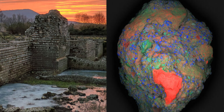 Una mappa elementare di vasta area (Calcio: rosso, Silicio: blu, Alluminio: verde) di un frammento di 2 cm di cemento antico romano (a destra) raccolto dal sito archeologico di Privernum, Italia (a sinistra). Nella parte inferiore dell'immagine è chiaramente visibile un clasto calcareo ricco di calcio (in rosso), responsabile delle proprietà autorigeneranti uniche di questo materiale antico. Crediti :Per gentile concessione dei ricercatori