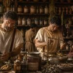 Roman-era apothecary workshop with three men in tunics weighing and grinding herbs at a cluttered worktable.