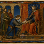 King in red robes knighting a kneeling knight in blue as courtiers look on in a throne room.
