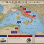 Map showing the three Punic Wars (264–146 b.C.) with routes, key sites, and battle labels around the Mediterranean.