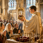 Priest in ornate robes holds a golden monstrance before a praying congregation inside a Gothic cathedral.