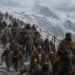 Ancient army marching through a snowy mountain pass, with armored soldiers flanking a central elephant and riders atop elephants and horses.