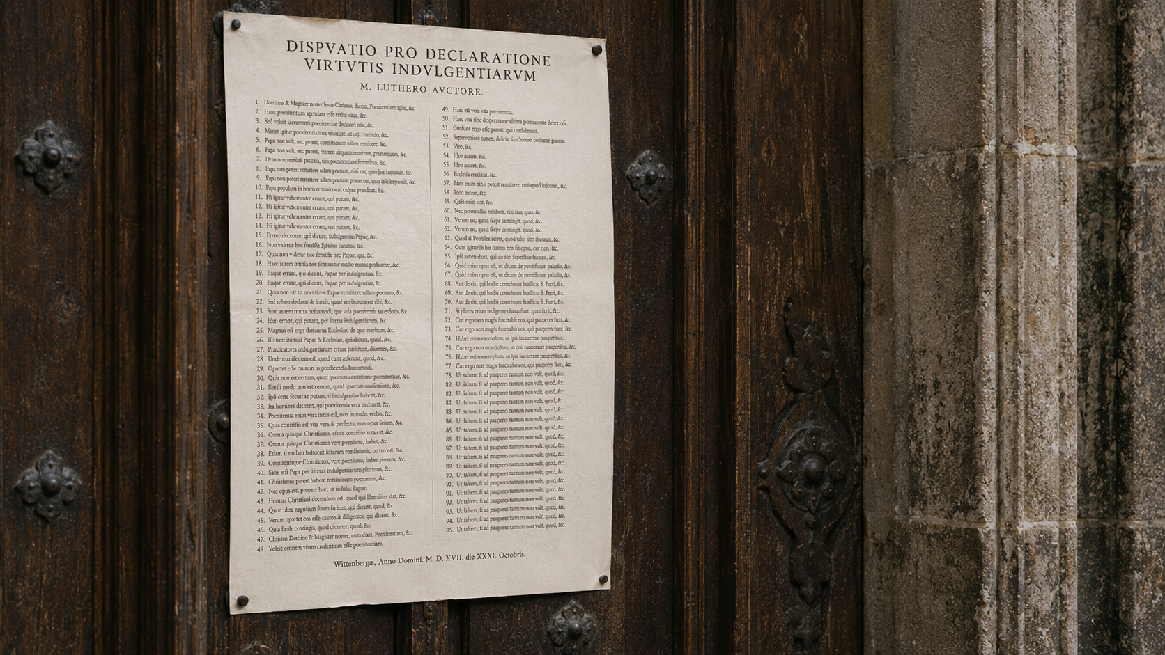 Old parchment with Latin text taped to a dark wooden door, metal studs visible around the edges.