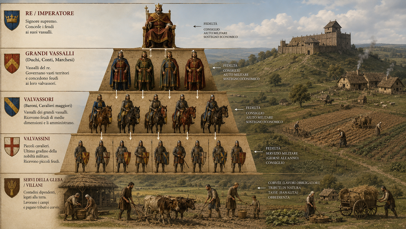 Diagram of medieval social hierarchy from king to peasants with shields and soldiers on a stepped platform beside a village and fortress.