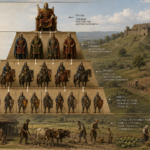 Medieval feudal hierarchy illustration: king at top, nobles and vassals on stepped platform with a castle in the background.