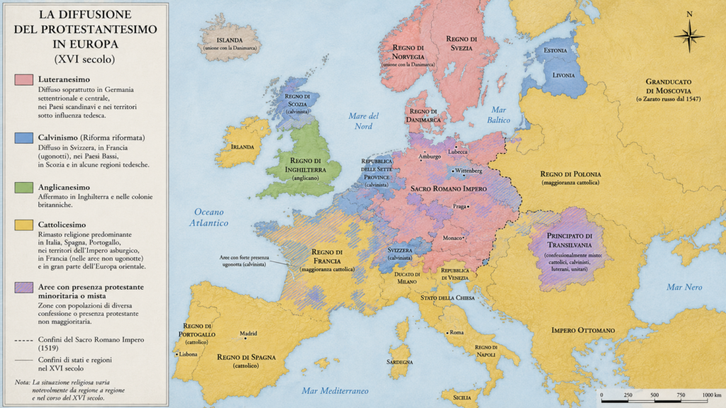 3 - Scripta Manent Italia Mappa della diffusione della Riforma Protestante in Europa nel XVI secolo: luteranesimo, calvinismo e anglicanesimo
