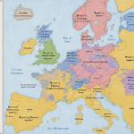 Historical map of Europe in the 16th century showing Protestant and Catholic zones colored by denomination, with a legend on the left and a scale bar on the bottom right]