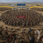 Infographic of the Battle of Cannae (216 BC) with Roman legions surrounded by arrows showing double envelopment and labeled troop types.