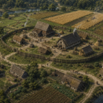 A circular walled village with thatched cottages, a central barn, and surrounding farmland on a riverbank.