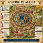 Infographic map of the siege of Alesia showing inner oppidum and outer circumvallation with arrows and labeled sections in Italian (Caesar’s siege).