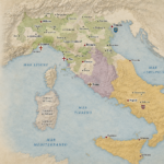 Historical map of Italy in the 12th century showing communes, republics, territories, and church state, with a legend and compass rose on the left.