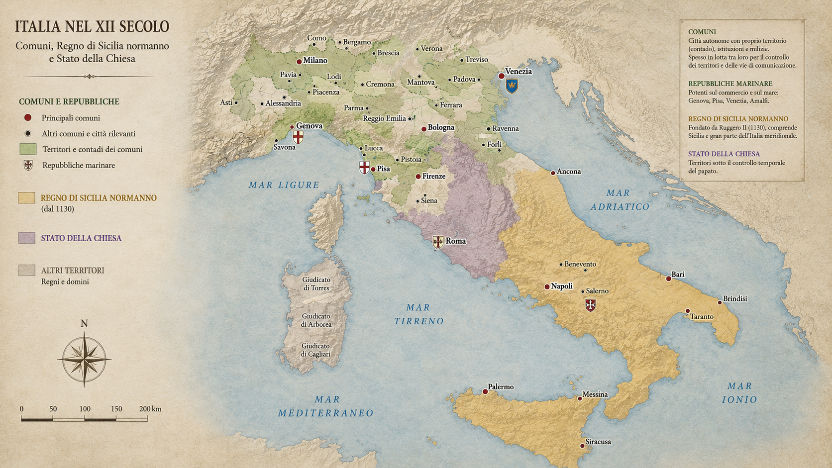Historical map of Italy in the 12th century showing communes, republics, territories, and church state, with a legend and compass rose on the left.