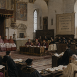 Inside a historic church, a formal council with many clerics in red, purple, and black robes around a central table.