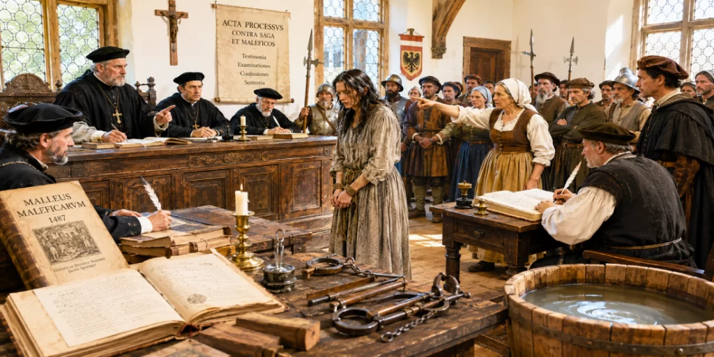 Anatomia di un processo - Scripta Manent Italia Processo per stregoneria nel XVI secolo: donna accusata davanti al tribunale inquisitoriale, con il Malleus Maleficarum, ceppi e vasca per la prova del nuoto