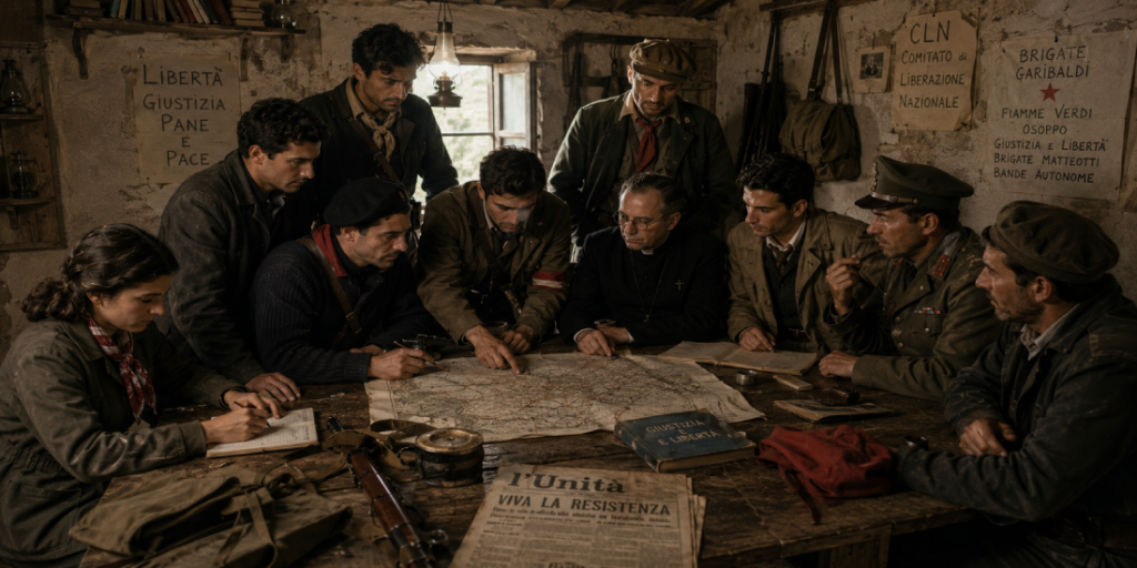 Gruppo di partigiani italiani riuniti attorno a una mappa durante la Resistenza, con simboli del CLN, delle Brigate Garibaldi e del giornale l'Unità nella base clandestina