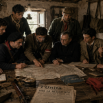 Group of men and a woman around a large map on a wooden table, planning a resistance meeting in a rustic room with posters on the walls.