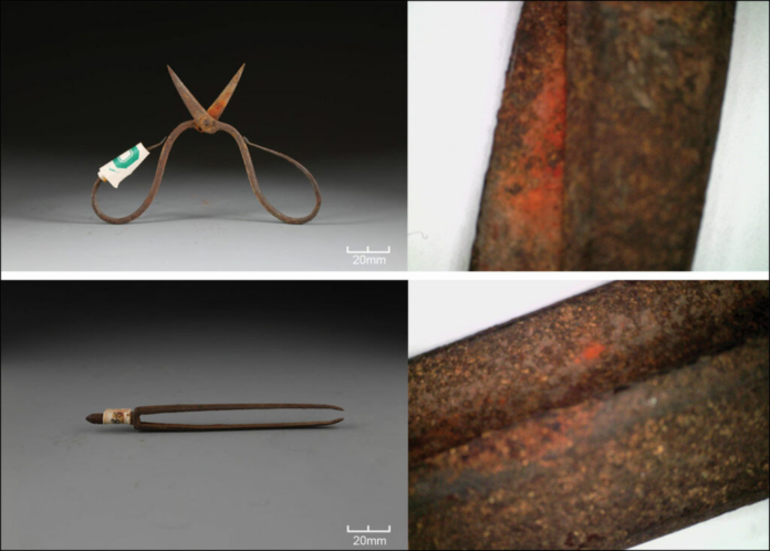Collage of rusted metal samples showing corrosion: four quadrants with a bent wire tool, close-up rust, a two-pronged rod, and rust texture.