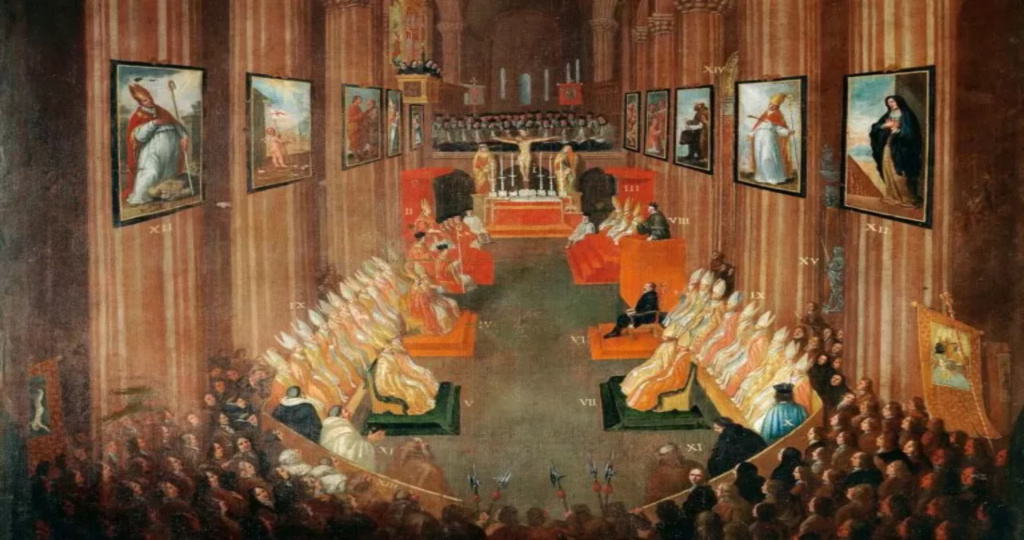 Dipinto del Concilio di Trento (1545-1563) con vescovi e cardinali seduti in assemblea solenne all'interno di una cattedrale
