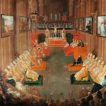 Ceremonial hall with a central throne, red benches, and crowds watching a formal event, framed portraits on the walls.