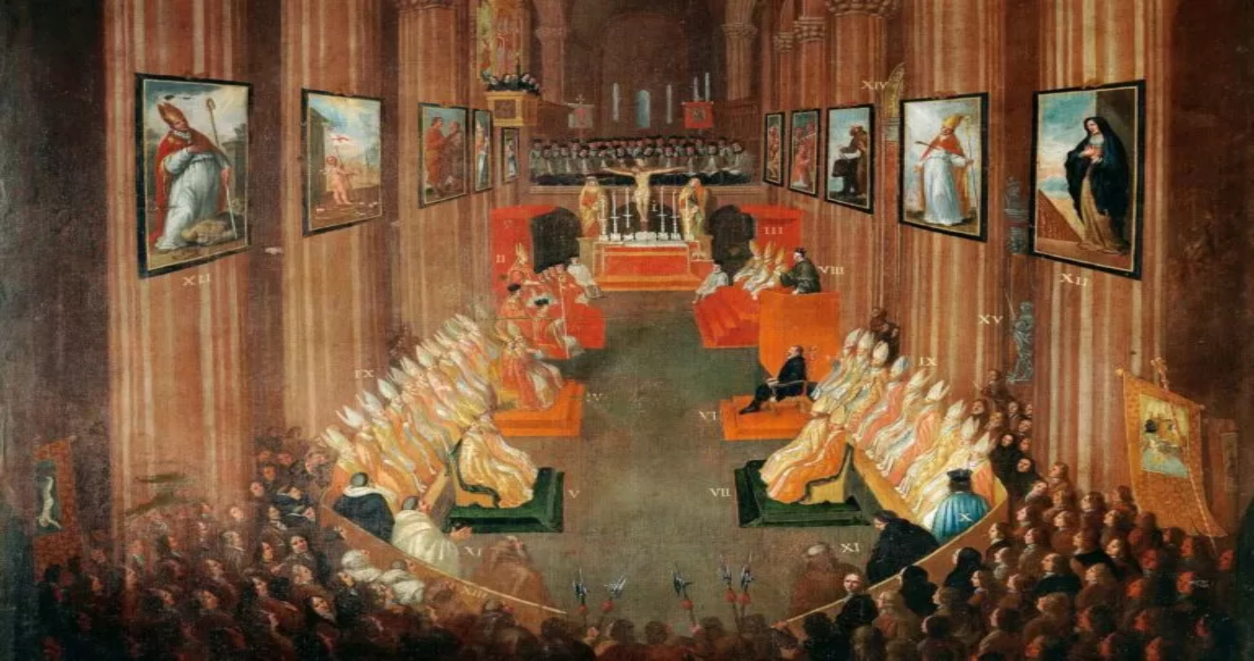 Ceremonial hall with a central throne, red benches, and crowds watching a formal event, framed portraits on the walls.
