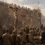 On a film set, men are crucified on wooden crosses while a crowd watches and camera crew films.