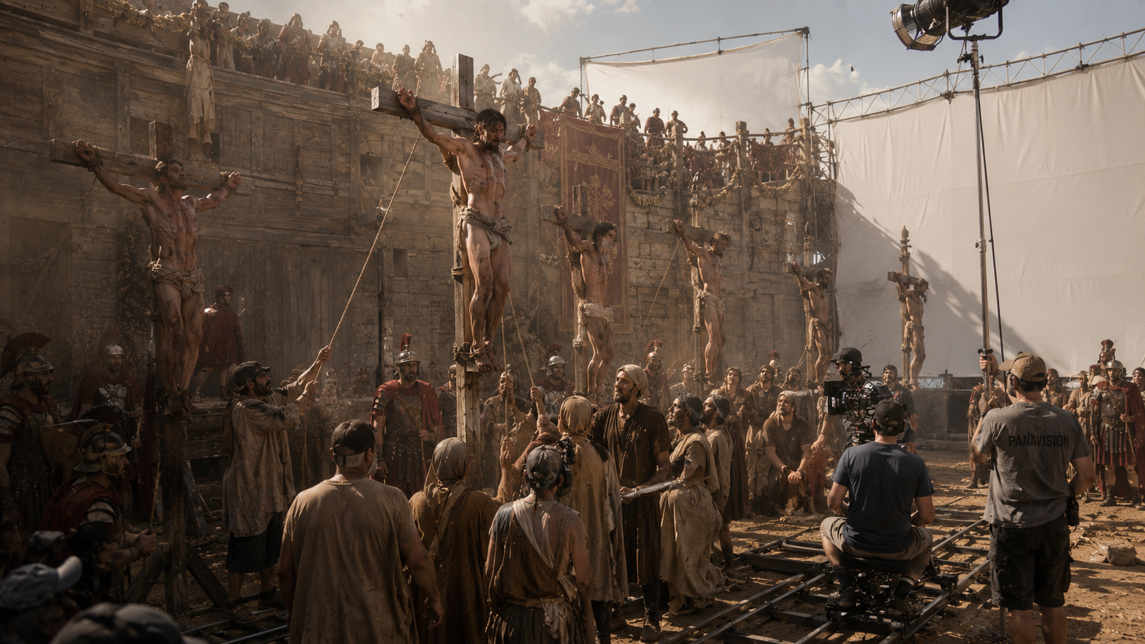 On a film set, men are crucified on wooden crosses while a crowd watches and camera crew films.