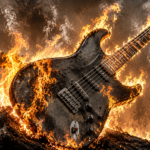 Black electric guitar engulfed in bright orange flames among charred logs and chains in a fiery scene.
