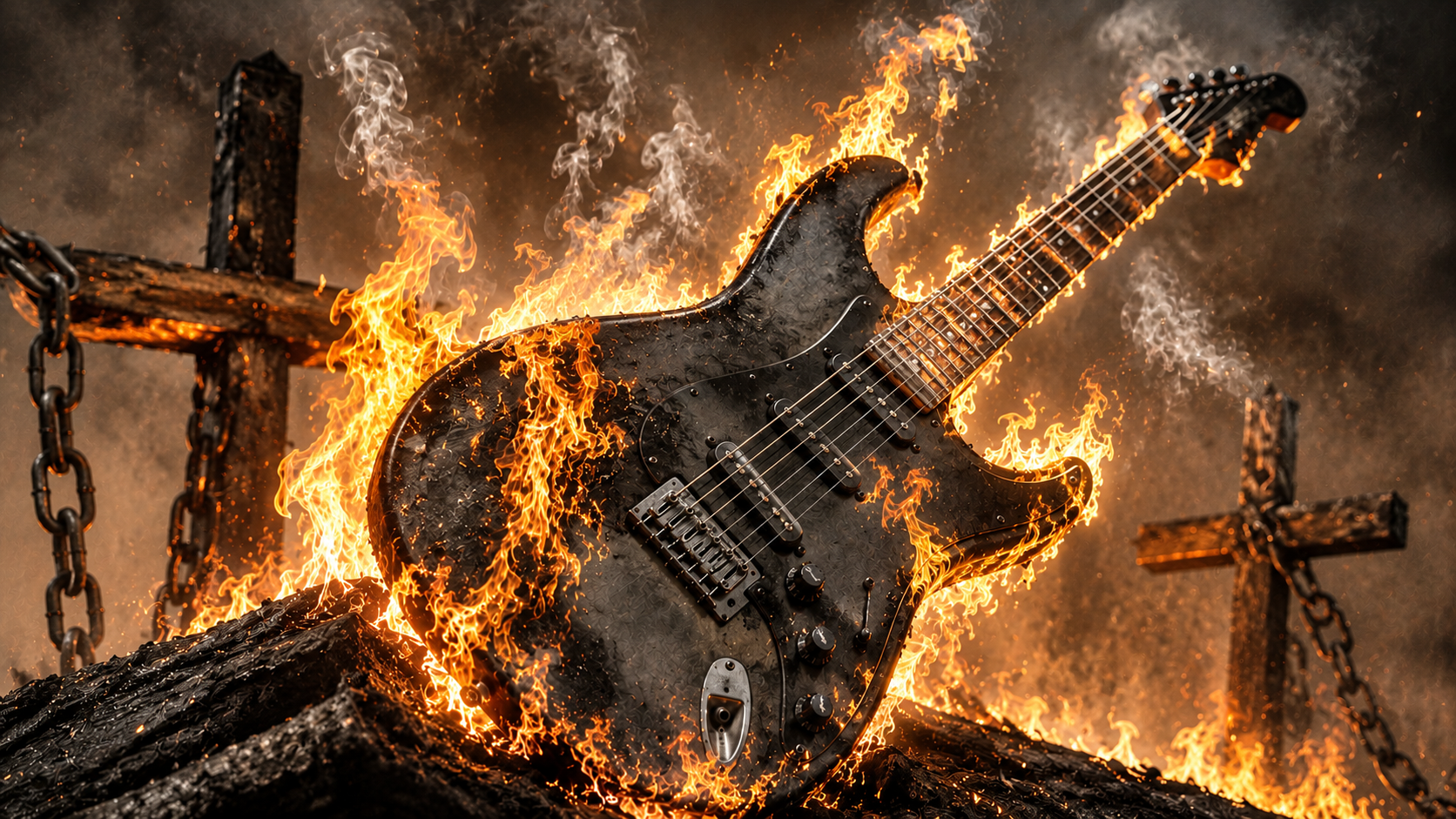 Black electric guitar engulfed in bright orange flames among charred logs and chains in a fiery scene.