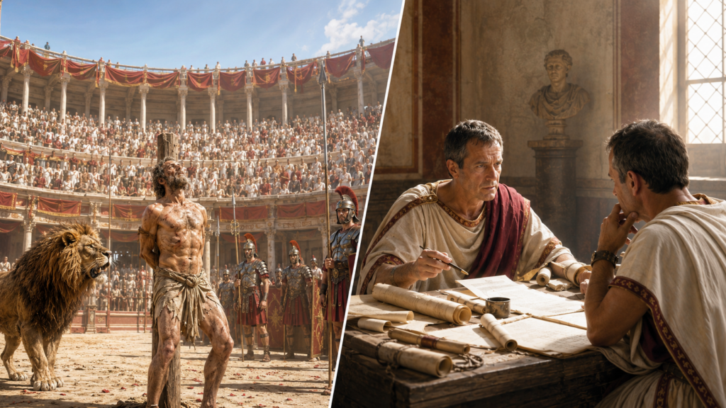 Dieci persecuzioni oppure no - Scripta Manent Italia Ditttico: condannato cristiano di fronte a un leone nell'arena romana e magistrato romano che scrive su rotoli di papiro