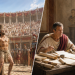Split scene: left shows a shirtless gladiator chained to a post facing a snarling lion in a dusty arena, with soldiers and a crowded amphitheater behind him; right shows two Roman officials in togas studying scrolls and discussing at a desk in a sunlit room.