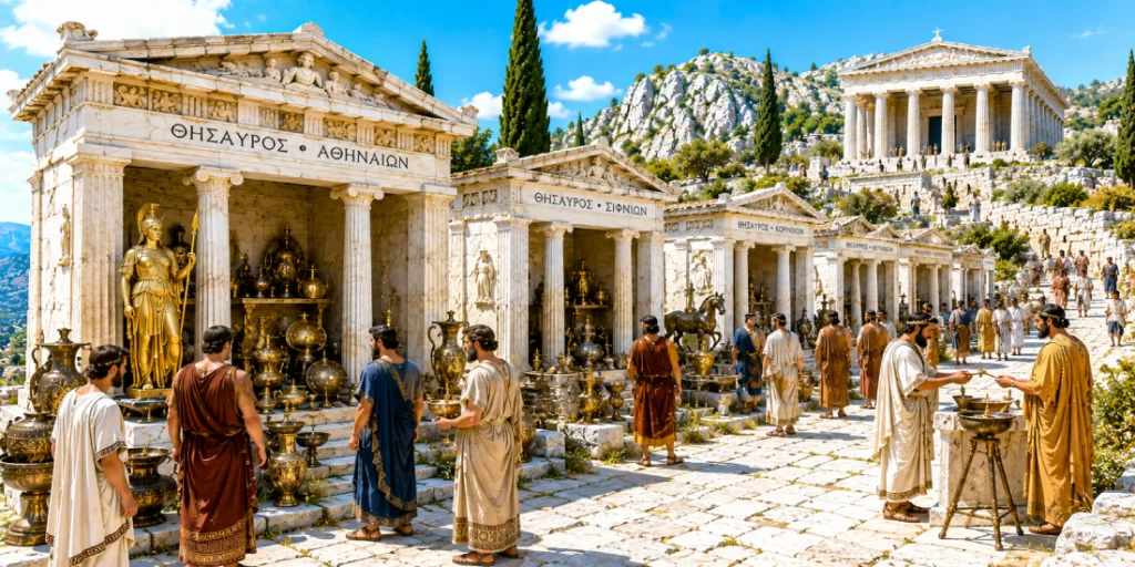 Fila di Thesauroi (tesori votivi) delle città-stato greche lungo la Via Sacra di Delfi: il Tesoro degli Ateniesi in primo piano con statua dorata di Atena e ricchi ex-voto in bronzo, seguiti dal Tesoro dei Sifni, dei Corinzi e altri, con pellegrini in abito greco che osservano le offerte votive e il Tempio di Apollo visibile sullo sfondo