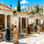 Ancient marble shrine row with statues and bronze vessels; men in tunics browse and trade.
