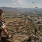 Roman general in red cloak overlooking a vast battlefield with legionaries, tanks, and helicopters in a modernized war scene with a holographic HUD above the valley.