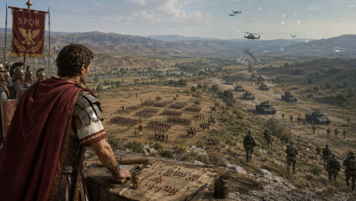 Roman general in red cloak overlooking a vast battlefield with legionaries, tanks, and helicopters in a modernized war scene with a holographic HUD above the valley.