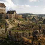 Medieval village scene with a palisade, tall wooden tower, thatched huts, and villagers farming in the fields.