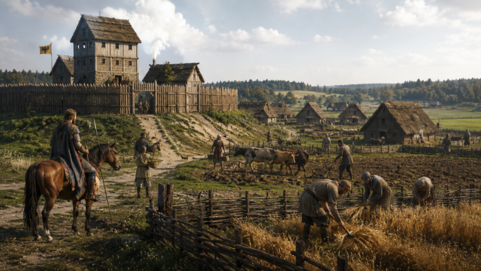 Feudo Medieval village scene with a palisade, tall wooden tower, thatched huts, and villagers farming in the fields.