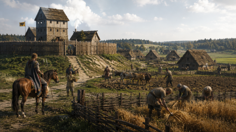 Medieval village scene with a palisade, tall wooden tower, thatched huts, and villagers farming in the fields.