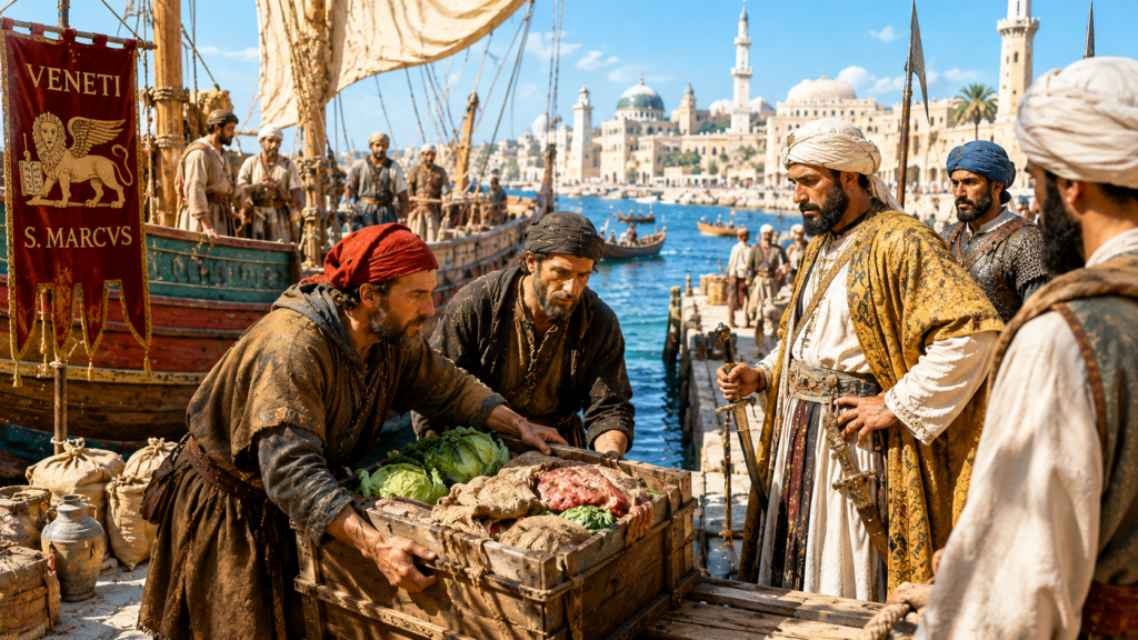 Mercanti veneziani consegnano reliquie nascoste tra merci a funzionari arabi nel porto medievale di Alessandria d'Egitto