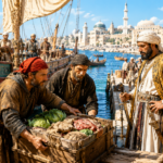 Medieval harbor scene with traders unloading vegetables from a wooden cart as guards in ornate robes stand nearby, with a bustling port in the background.