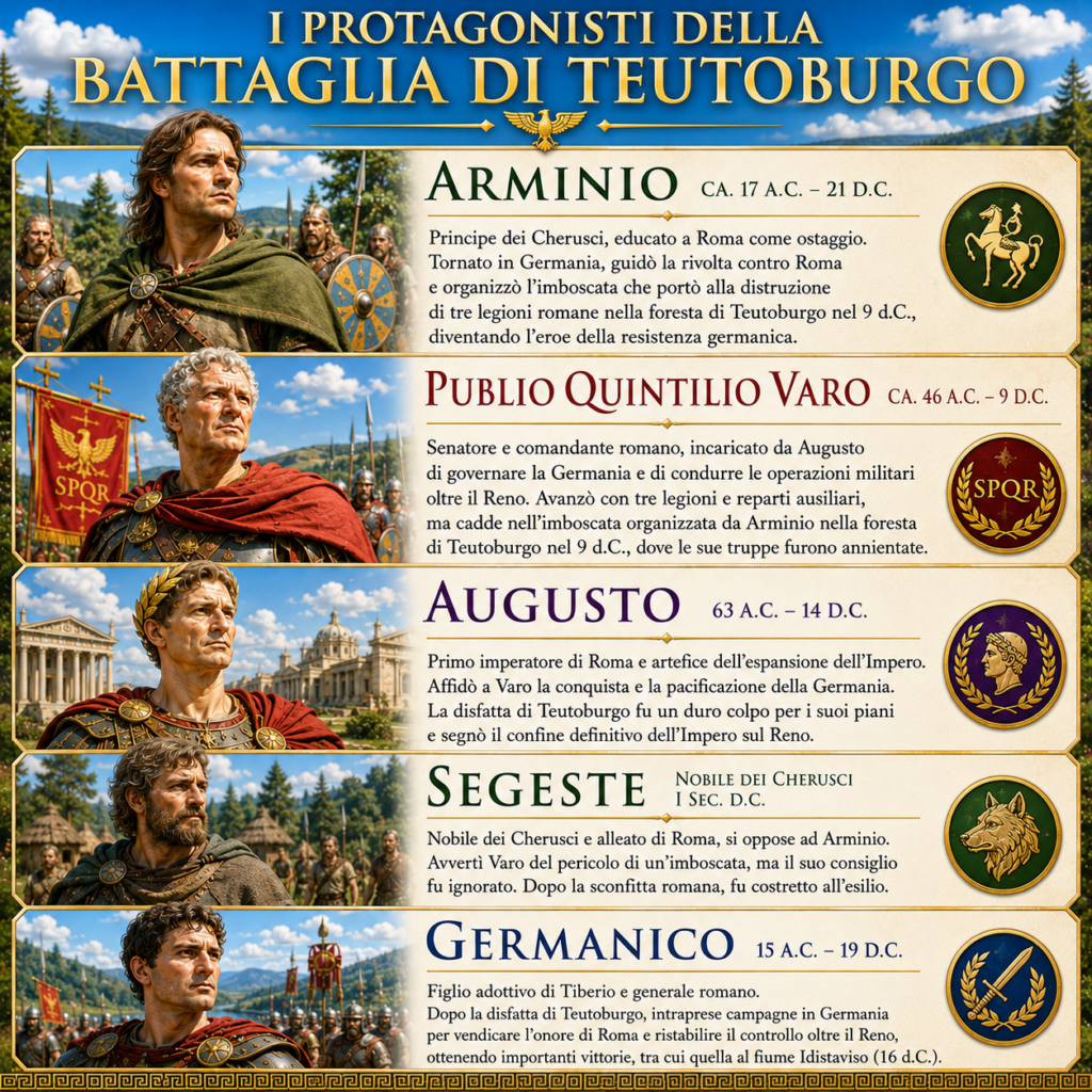 I protagonisti della battaglia di Teutoburgo - Scripta Manent Italia Infografica con i protagonisti della battaglia di Teutoburgo: Arminio, Publio Quintilio Varo, Augusto, Segeste e Germanico