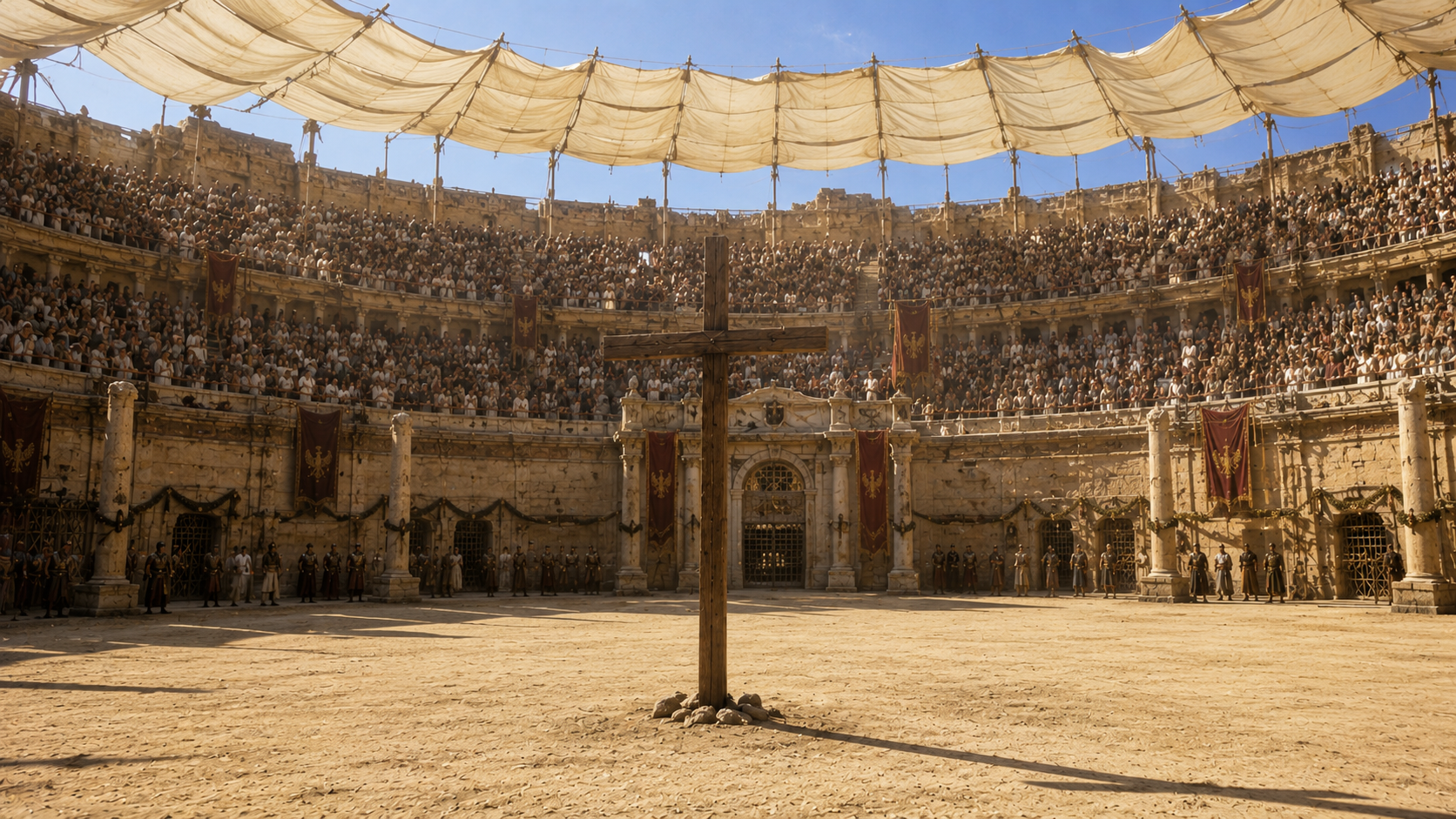 Large ancient amphitheater crowded with spectators; a wooden cross stands on the dusty arena floor at center.