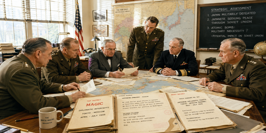 Illustrazione ricostruttiva di una riunione di guerra alla Casa Bianca nel 1945: generali e ammiragli americani esaminano i dispacci segreti del programma Magic, intercettazioni diplomatiche Tokyo-Mosca che provano il tentativo giapponese di negoziare la resa attraverso l'Unione Sovietica
