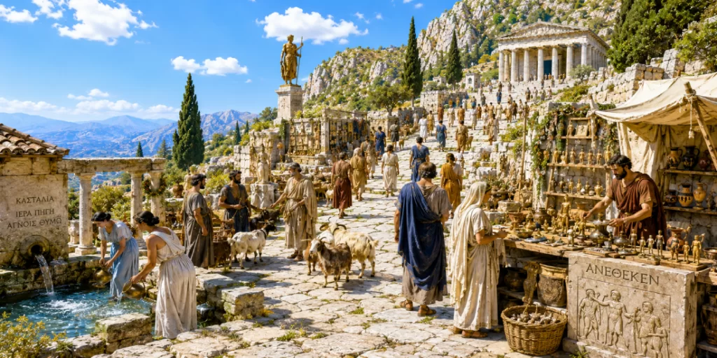 Vivace scena di pellegrinaggio nell'antica Delfi: pellegrini greci in tunica percorrono la Via Sacra lastricata tra bancarelle di ex-voto, statuette votive e anfore in vendita, con capre condotte al sacrificio, la Fontana Castalia a sinistra e il Tempio di Apollo visibile sullo sfondo tra i monti del Parnaso