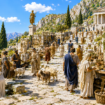 Ancient hillside market scene with people in robes along stone steps, stalls of pottery, and a temple in the distance under a blue sky.