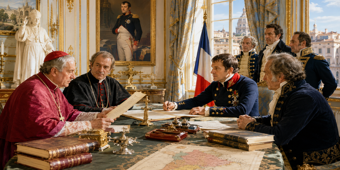 Firma del Concordato del 1801: cardinali e ufficiali napoleonici riuniti attorno a un tavolo in un salone imperiale francese