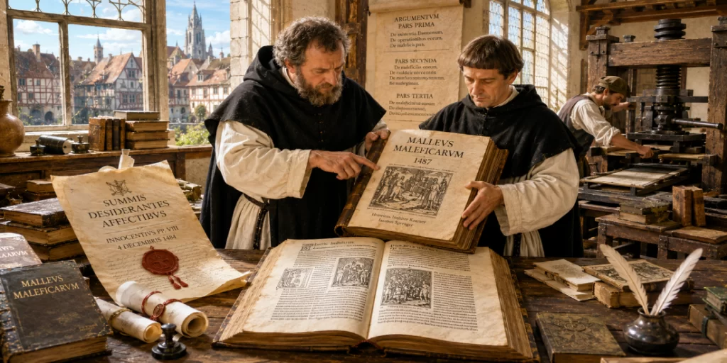 Il manuale del terrore Malleus Maleficarum 1486 - Scripta Manent Italia I domenicani Kramer e Sprenger consultano il Malleus Maleficarum del 1487 accanto alla bolla Summis desiderantes affectibus di Innocenzo VIII, 1484