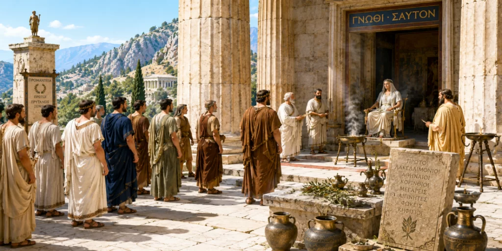 Pellegrini greci in fila davanti al Tempio di Apollo a Delfi per consultare la Pizia, sacerdotessa seduta in trono tra i vapori sacri, con l'iscrizione 'Conosci te stesso' (ΓΝΩΘΙ ΣΑΥΤΟΝ) sull'architrave e offerte votive in primo piano