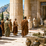 Line of citizens in tunics queue before a raised throne where a seated regal figure presides inside a marble temple, with bronze vessels and braziers nearby as incense rises.