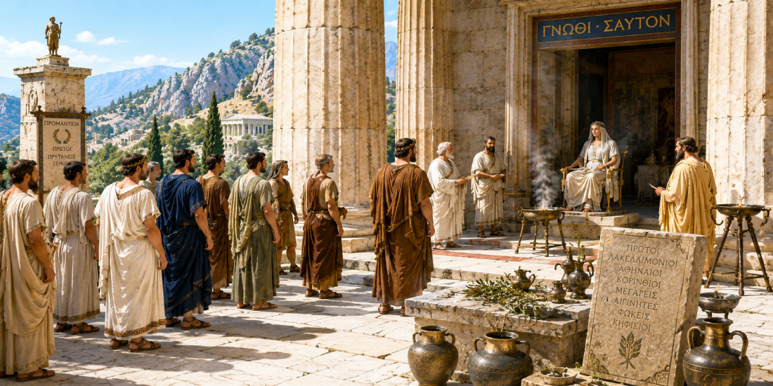 Line of citizens in tunics queue before a raised throne where a seated regal figure presides inside a marble temple, with bronze vessels and braziers nearby as incense rises.